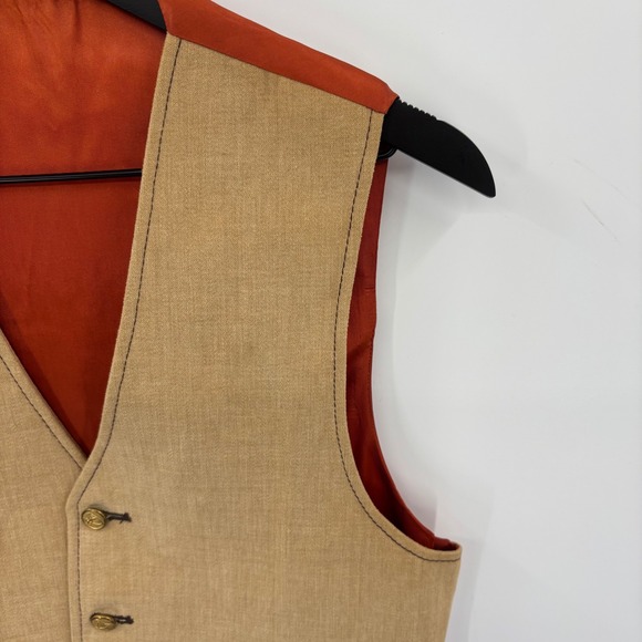Mens Tan Linen Blend Button Down V Neck Sleeveless Vest 34R Orange Satin Back - Picture 6 of 16